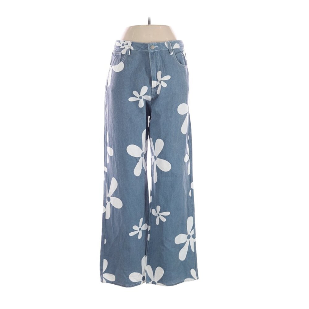 Copper Key Wide Leg Denim Jeans w/Bold Floral Print Size L - Like New